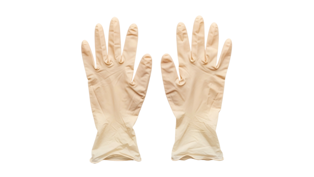 Pair of light-colored medical gloves against a solid black background, palms facing upwards