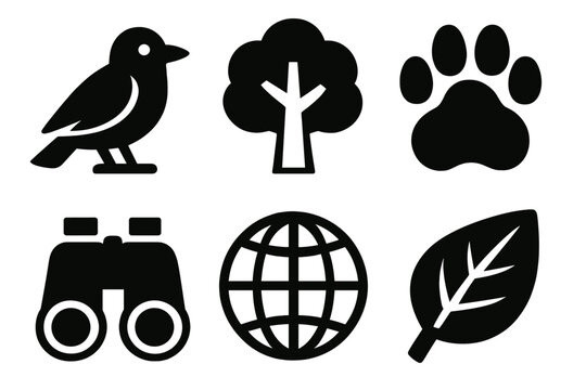 Wildlife Protection Icons. Wildlife Protection silhouette icon set. bird, tree, paw track, binoculars, globe, leaf