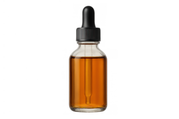 Glass dropper bottle with amber essential oil, serum, or cosmetic product, providing natural health and beauty solutions