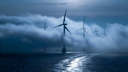 Fototapeta premium Silhouettes of wind turbines rise from fog over a calm sea at dawn, creating a serene atmosphere ideal for nature-themed projects or tranquility-focused designs.