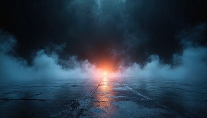 Dark concrete floor with blue mist and bright orange light at horizon. Foggy abstract background with glowing center. Empty space for product placement.