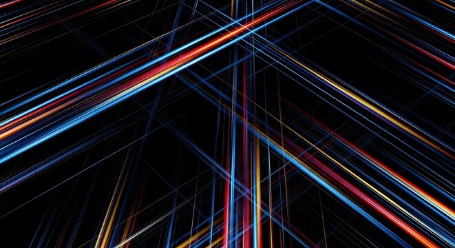 Dynamic abstract background featuring a complex network of vibrant blue, red, and orange light trails, symbolizing data flow, digital connectivity, and highspeed technology