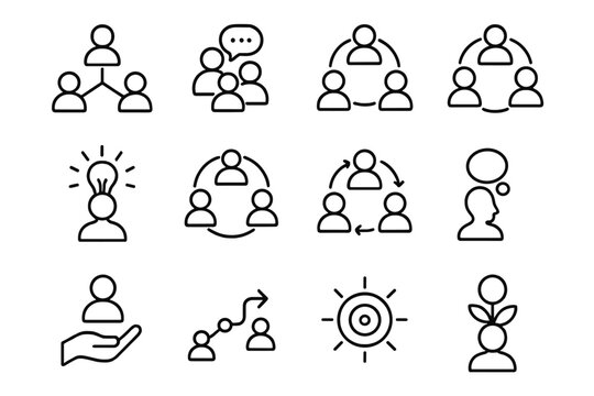 Learning Community Icons. Learning Community Symbols linear icon set: learning network, group chat, shared project, discussion circle, idea burst, co-learning ring, teamwork flow
