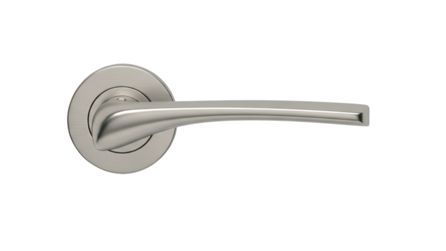 A sleek, metallic door handle with a circular base, lever arm, and a smooth finish