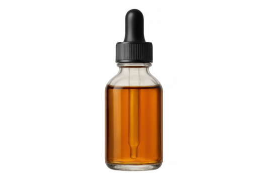 Glass dropper bottle with amber essential oil, serum, or cosmetic product, providing natural health and beauty solutions