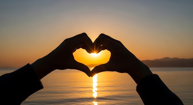 Silhouetted hands form a heart shape, framing the golden setting sun over calm water, creating a beautiful and romantic scene that symbolizes love, hope, and peaceful connection at dusk - Powered by Adobe