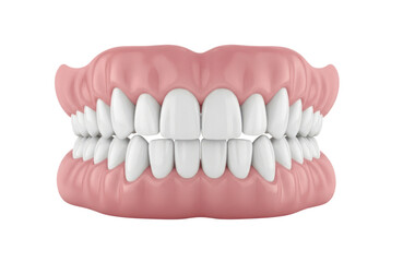 Obraz premium Realistic 3d rendering of a full set of human upper and lower dentures showing perfect white teeth and pink gums, isolated on transparent background
