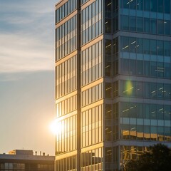 Fototapeta premium Modern glass office building bathed in warm sunset light, reflecting the sky and surrounding architecture, creating a vibrant urban scene