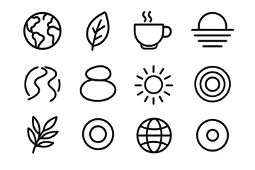 Earth Wellness Icons. Earth-Centric Wellness Pack linear icon set: earth icon, botanical leaf, nourishing cup, calm horizon, grounding path, wellness stone pair, soft aura, natural