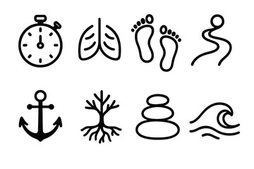 Naklejka premium Mindful Symbols Collection. Mindful Coping linear icon set: stopwatch, breath symbol, footsteps, light path, anchor, tree roots, pebble stack, wave