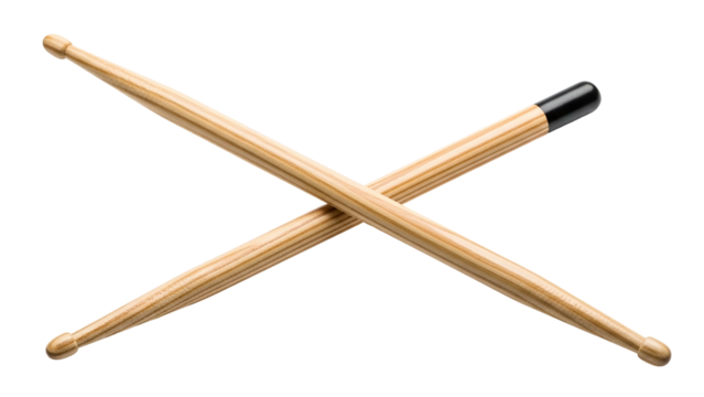 Two wooden drumsticks crossed against a black background. One with a black tip