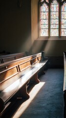 pew. Peaceful church interior with soft light streaming through stained glass onto wooden pews. event programs, museum guides, designed for cultural heritage projects and event programs.
