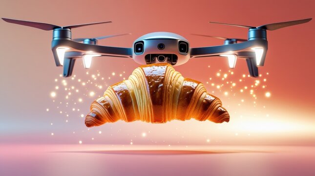 Drone delivering a fresh, golden croissant with magical glowing particles, symbolizing modern food delivery and future convenience.