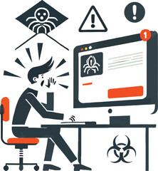 Businessman experiencing online security breach and computer virus infection with spider malware alert