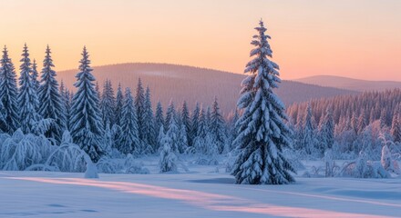 Towering snow covered evergreen trees stand across a serene winter landscape bathed in soft morning light