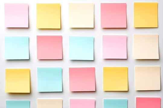 Colorful sticky notes arranged in neat grid on white background for planning or creative ideas