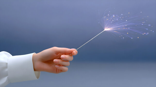 Hand holding glowing sparkler with delicate light trails against soft blue background