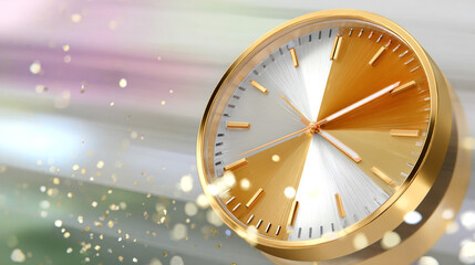Elegant gold and silver clock with abstract light streaks and sparkles suggesting countdown or celebration