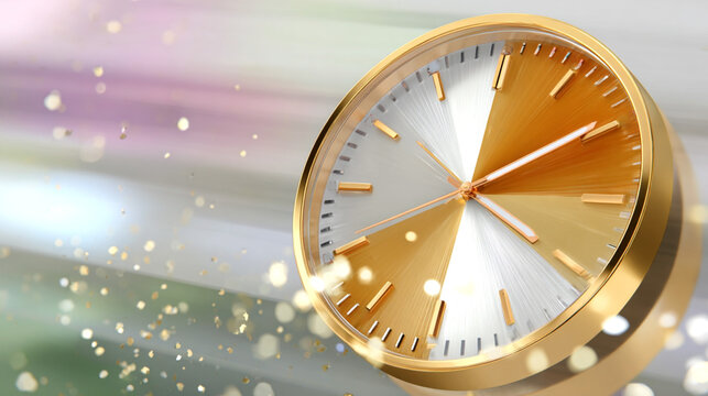 Elegant gold and silver clock with abstract light streaks and sparkles suggesting countdown or celebration