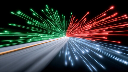 Colorful fiber optic cables with glowing red, green and white lights on black background, symbolizing high-speed data transmission