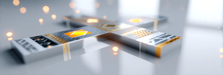 Futuristic microchip technology concept with glowing circuits and abstract cross structure on reflective surface