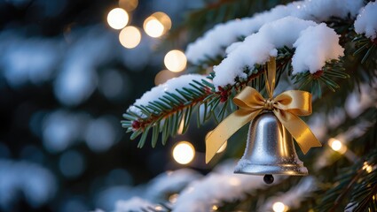 Silver Bell with Gold Bow on Snowy Pine Branch Bokeh Lights