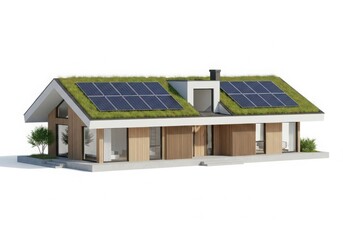 Contemporary eco home with green roof and solar energy panels
