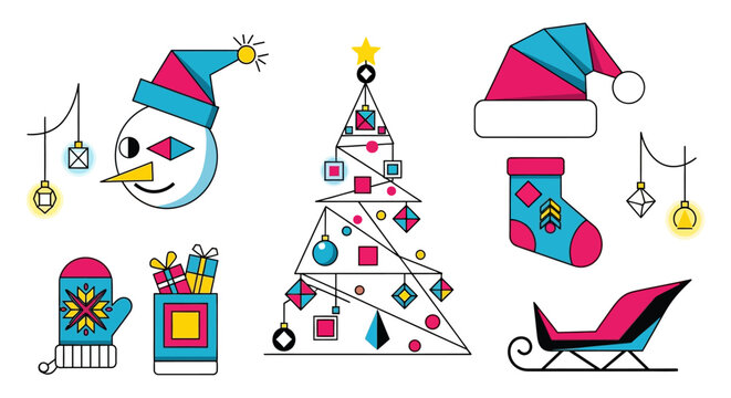 Collection of minimalist Christmas icons in flat design, featuring a snowman, tree, sleigh, mittens, and gifts