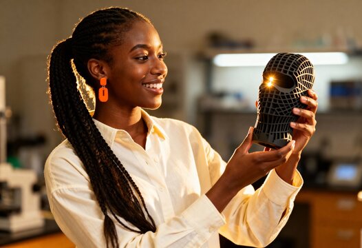 A smiling young Black female engineer examines a 3D printed prototype in a lab. Scientist holding a futuristic lattice mask with a light inside. Innovation and technology in STEM concept