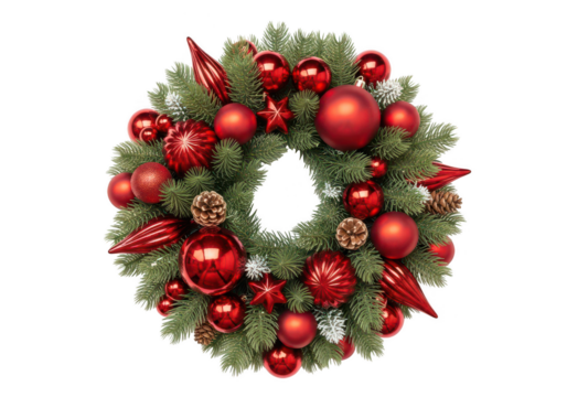 Christmas wreath with red ornaments and pinecones, isolated on white isolated on transparent background - Powered by Adobe