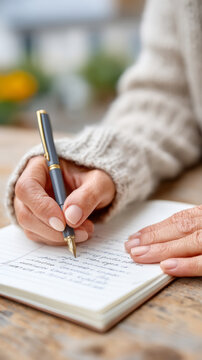 Close-up of caucasian elderly adult female writing with fountain pen in journal