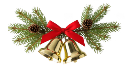 Christmas bells with pine branches and red bow, isolated on transparent background
