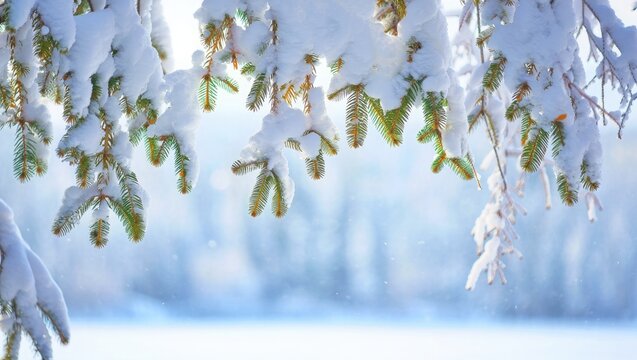 Snow covered pine branches against bright winter sky