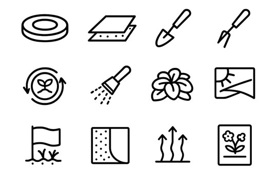 Natural Garden Management Icons. Natural Garden Weed Management Elements linear icon set: mulch ring, soil smothering sheet, weed hoe, root digger, compost boost symbol