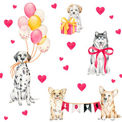 Watercolor romantic pattern with different dogs,present,balloons,garland,hearts.Love print.Endless background dedicated to Saint Valentine's Day.Cute animals