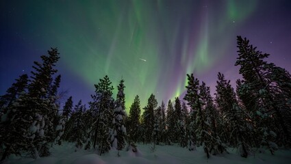 Snow covered pine forest under green and purple aurora borealis