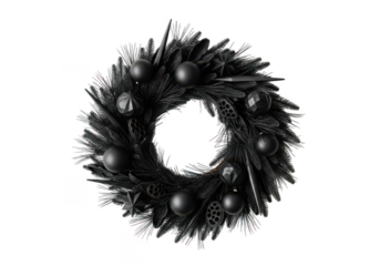 Elegant black holiday wreath with various dark ornaments isolated on transparent background
