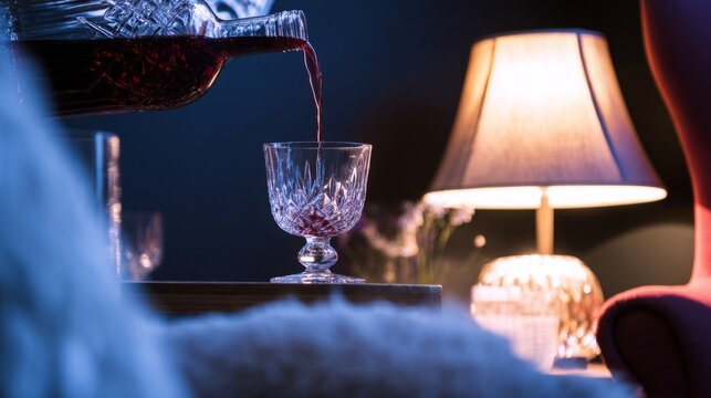 chardonnay. Red wine elegantly poured into a crystal glass in a sophisticated dining setting. bar promotions, beverage menus, designed for product packaging and bar promotions.
