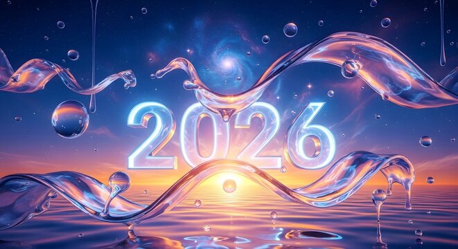 Luminous 2026 numbers floating above calm water with swirling liquid in a cosmic galaxy sunset.