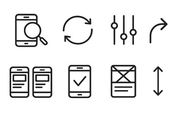 UX Design Icons. IT User Experience Design Actions linear icon set: test icon, iterate loop, adjust slider, refine arrow, compare screens, validate check, structure frame, align