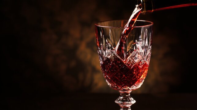 chardonnay. Red wine elegantly poured into a crystal glass in a sophisticated dining setting. bar promotions, beverage menus, designed for product packaging and bar promotions.
