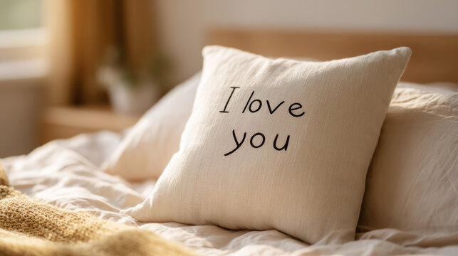 Romantic morning gesture: love note on cozy pillow in warm sunlight