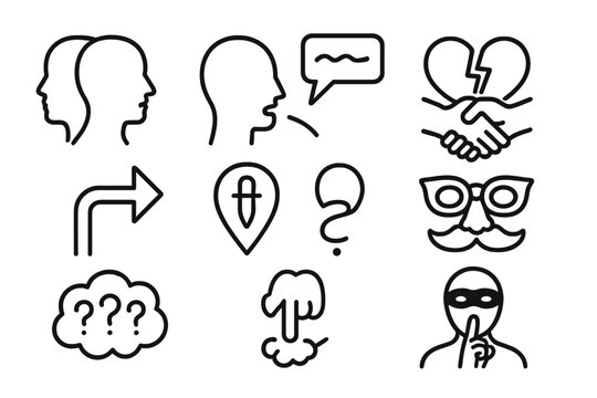 Deceptive Iconography. Social Deception linear icon set: two-faced silhouette, misleading speech bubble, diverted arrow, hidden intent marker, disguise line, trust break icon