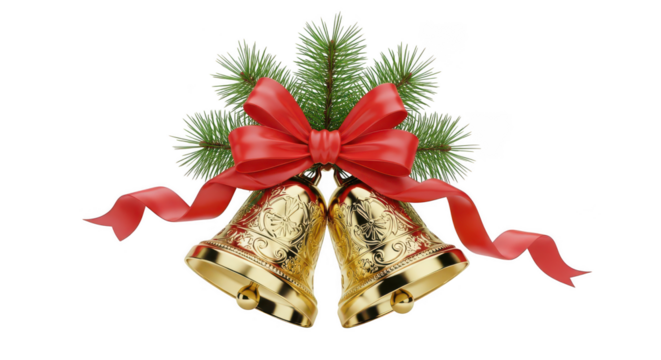 Golden christmas bells with a festive red bow and green pine branches, isolated on transparent background