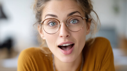 Surprised employee expressing emotion during video call in office setting