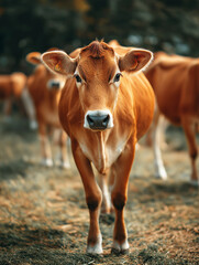 Fototapeta premium Brown cow stands in a field. Another cow visible in the background.