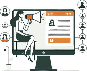 Digital marketing professional amplifying announcements to targeted audience on computer screen