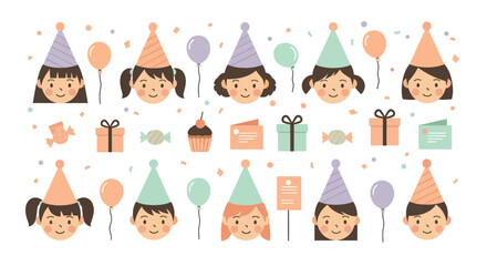 Collection of adorable cartoon children wearing party hats with balloons, cupcakes, and gifts, perfect for birthday celebrations and invitations