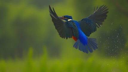 Vibrant blue kingfisher in spectacular flight with water splash high resolution image