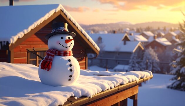 Festive snowman basking in golden light of winter sunrise on snowy rooftop - Powered by Adobe